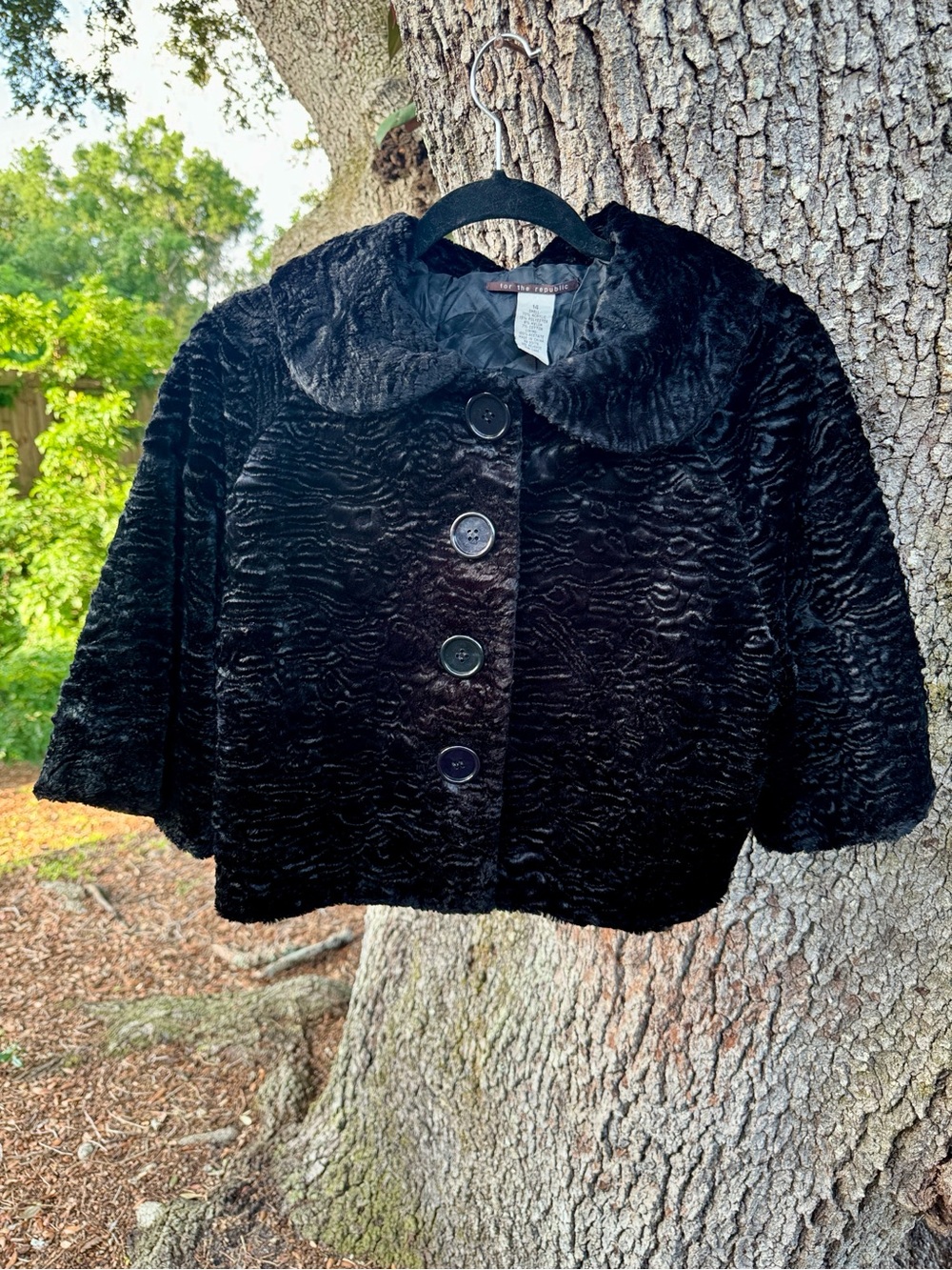 Vintage For The Republic Faux Black Curly Lamb Button Short Jacket.Size 14